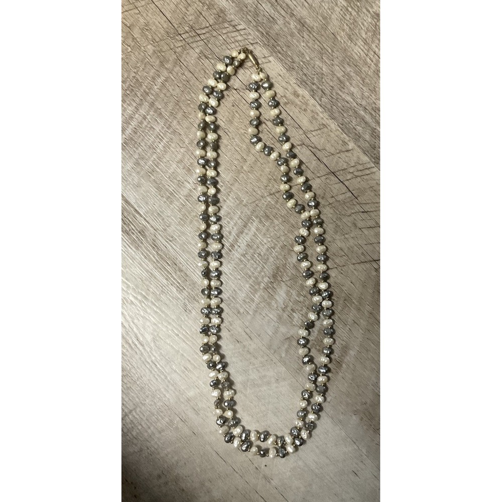 Gray & White Faux Pearl Bead Necklace Double Strand Vtg